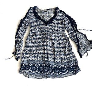 Roxy Blue & White Patterned Printed Tie Sleeve Dress - XS
